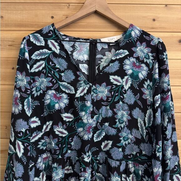 NWT Loft Size 12 Viscose Dark Floral Leaf V Neck Long Sleeve Midi Dress - Picture 3 of 16
